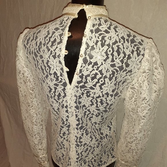 70s vintage lace high collar prairie blouse - Picture 3 of 3